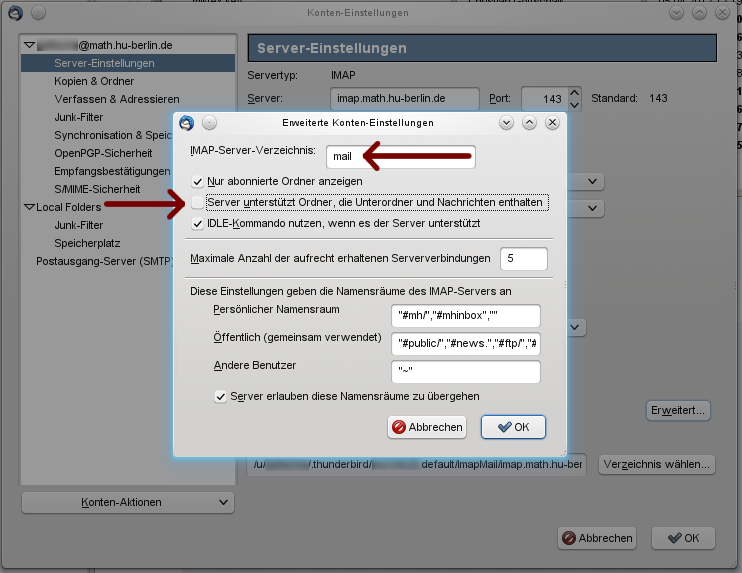 Erweiterte Konten-Einstellungen von Thunderbird mit IMAP-Server-Verzeichnis 'mail' und zweitem Haken entfernt