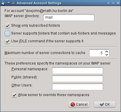 Advanced account settings in Thunderbird with IMAP server directory 'mail' and second checkbox clear